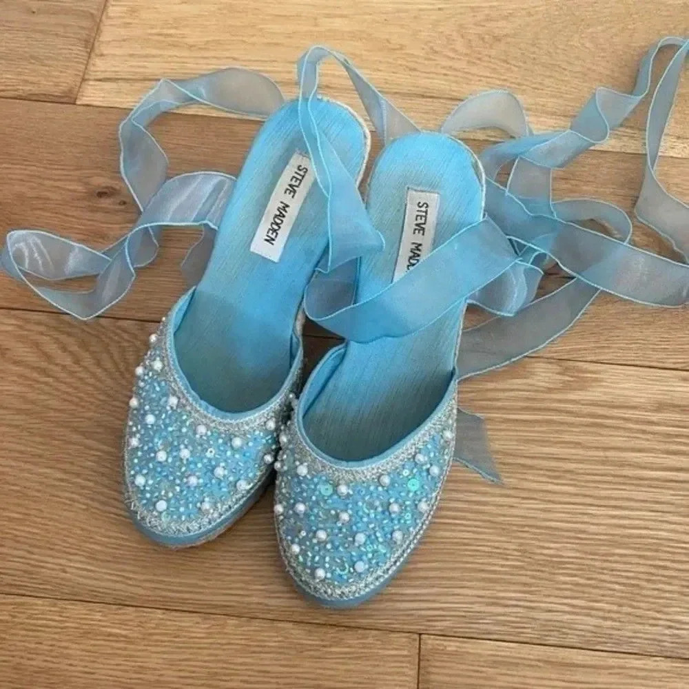 Steve Madden Blue Beaded Espadrilles Tie Up Wedges - Picture 9 of 15
